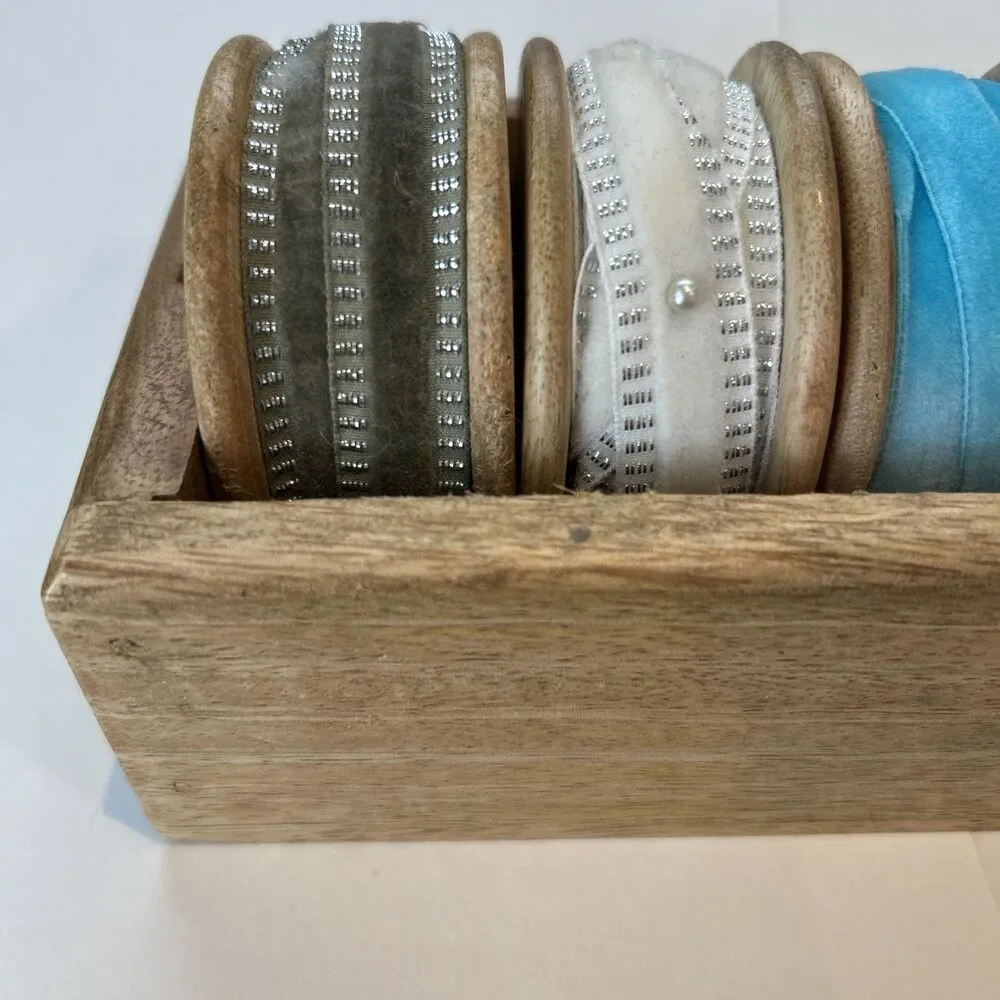Wooden Box Ribbon Trim Dispenser Storage Rustic 5 Spool